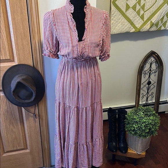 Max Studio Red Gingham Tiered Dress with Puff Sleeves - Picture 13 of 14